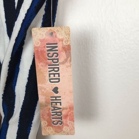 Inspired Hearts Women Large Blue Vertical Stripe Nautical Belted Dress Shorts - Picture 2 of 7